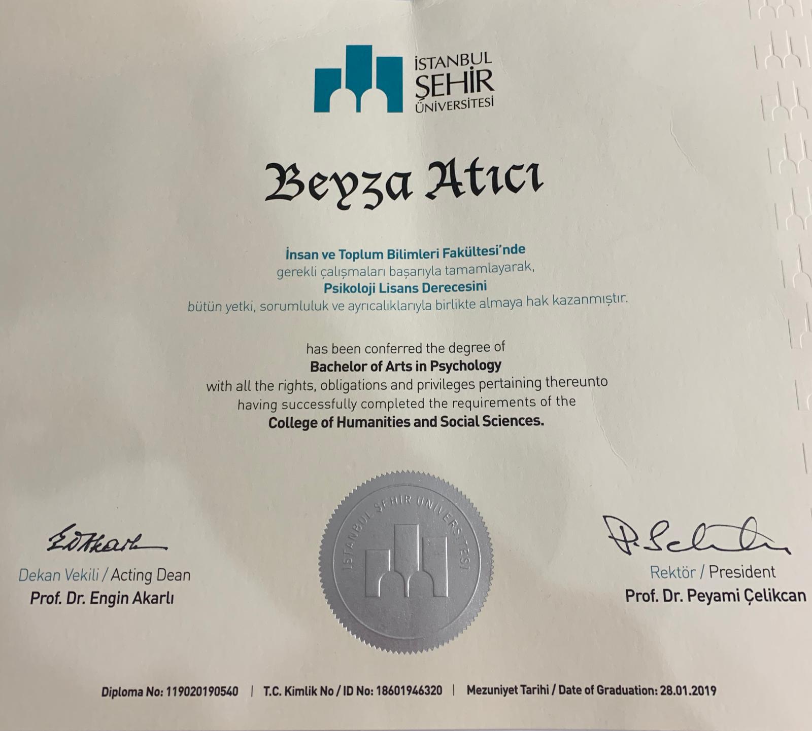 Beyza Türkmen — İstanbul Şehir Üniversitesi Psikoloji Lisans diploması