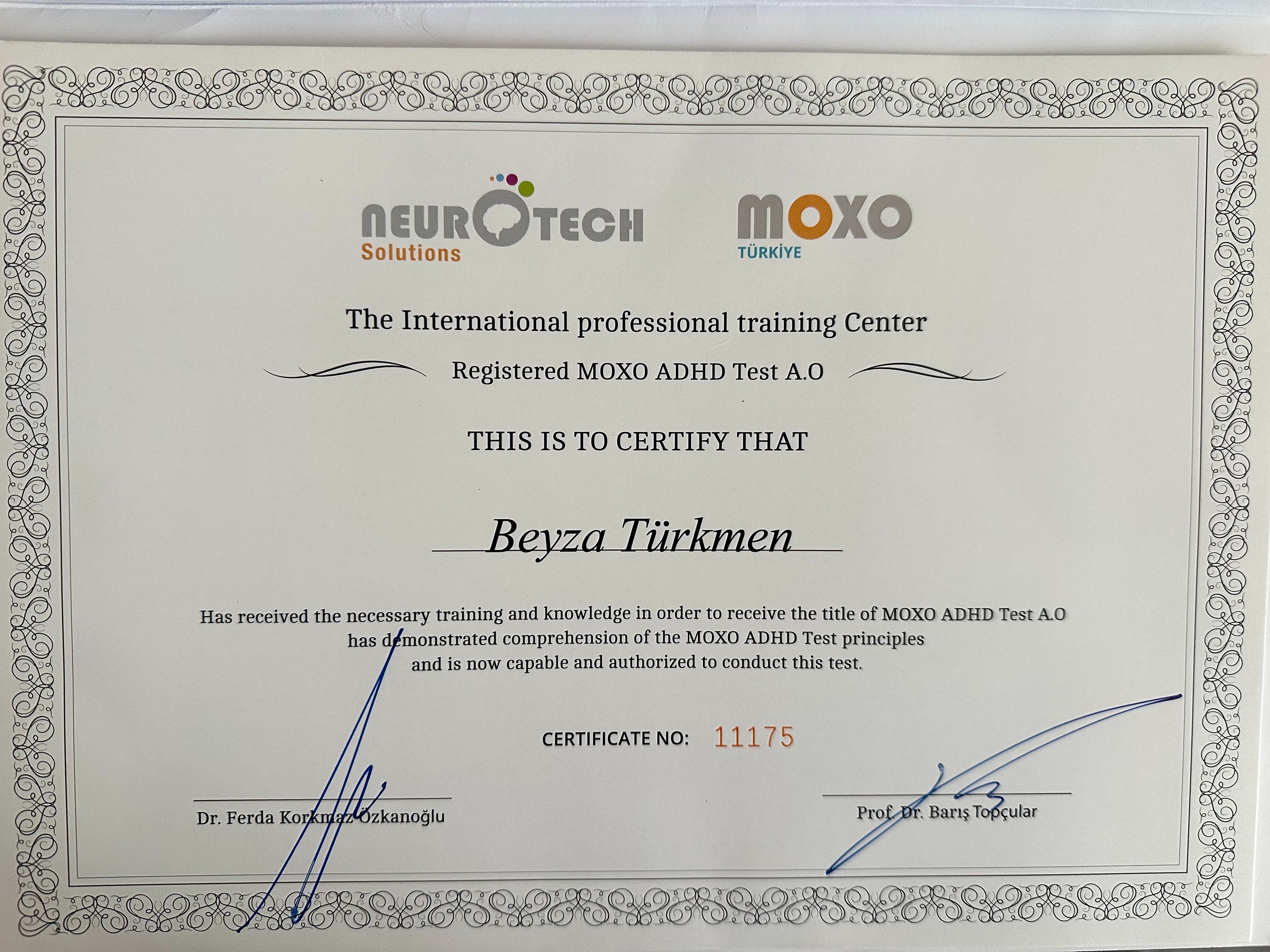 Beyza Türkmen — Moxo ADHD Test Uzman Uygulayıcı sertifikası, Neurotech Solutions