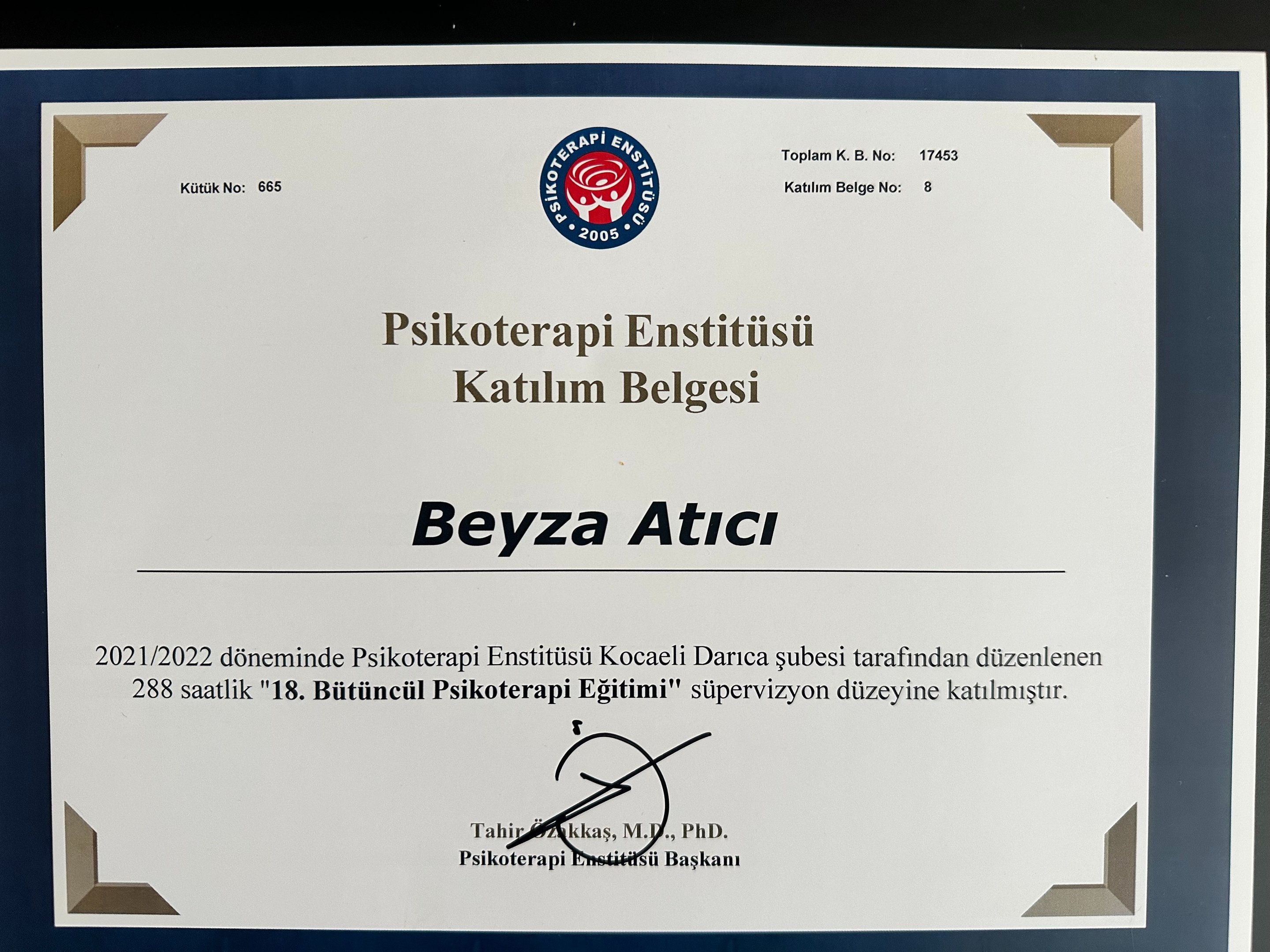 Beyza Türkmen — Psikoterapi Enstitüsü 18. Bütüncül Psikoterapi Eğitimi süpervizyon belgesi